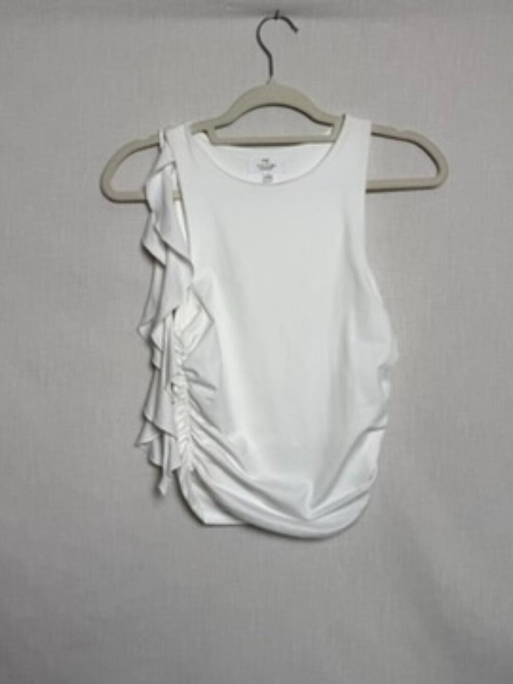 Live in the Moment Womens S White Ruched Ruffle Sleeveless Asymmetrical Top